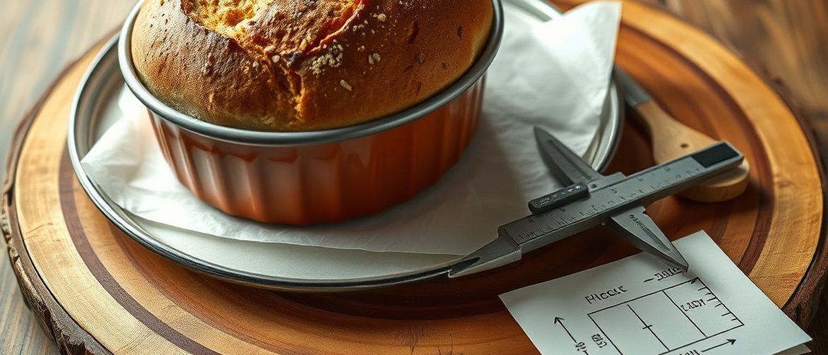 Frisch gebackenes Brot auf einem Backblech, daneben Messschieber und Maß-Skizze – Zubehör nach Maß ist unser Prinzip